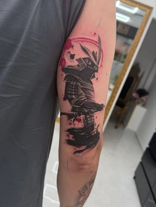 Big Watercolor Samurai Arm Tattoo on Men by @queen_ink_studio