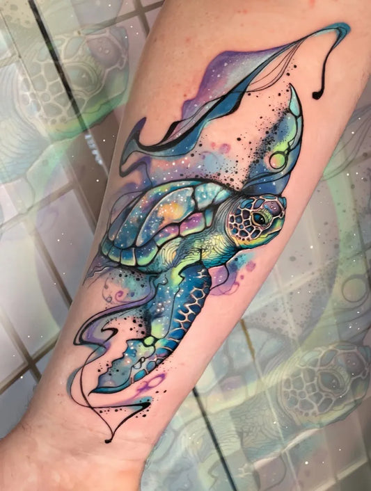 Big Watercolor Sea Turtle with Wings on Women Arm Tattoo by @amaltheatattoos