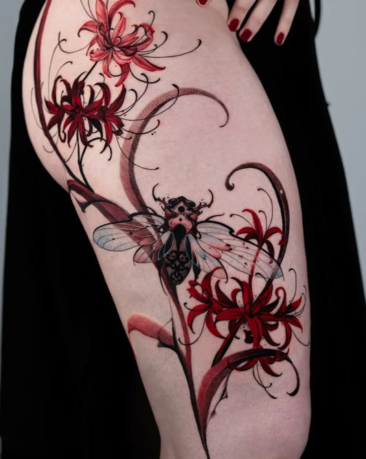 Big Watercolor Spider Lily and Cicada Tattoo on Women Thigh by @onyo_flowertattoo