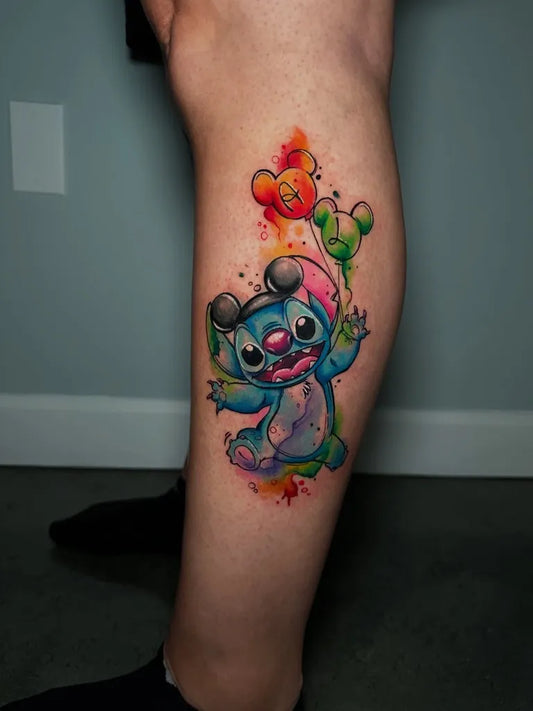Big Watercolor Stitch with Balloons on Women Leg Tattoo by @mely_mtattoos