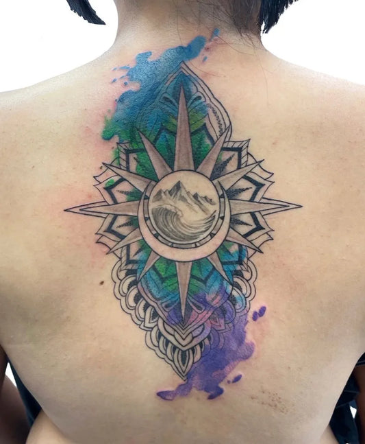 Big Watercolor Sun Moon and Mountains on Women Back Tattoo by @leni_ink