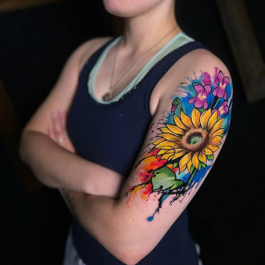 Big Watercolor Sunflower and Flowers on Women Arm Tattoo by @royalrattattoo