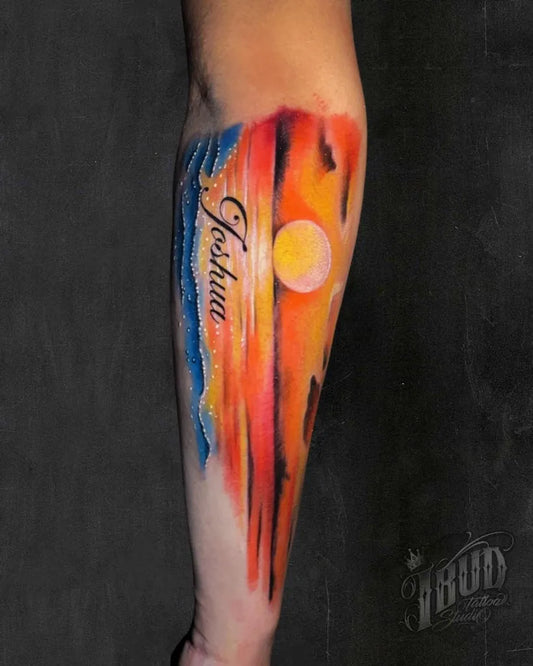Big Watercolor Sunset Name on Men Forearm Tattoo by @ibudtattoobali