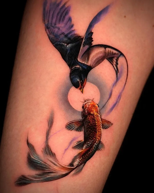 Big Watercolor Swallow and Koi Fish Tattoo on Women Arm by @rizn__tattoo