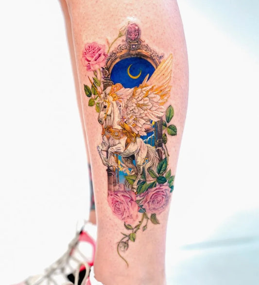 Big Watercolor Unicorn in Moon Frame Tattoo on Women Calf by @peria_tattoo