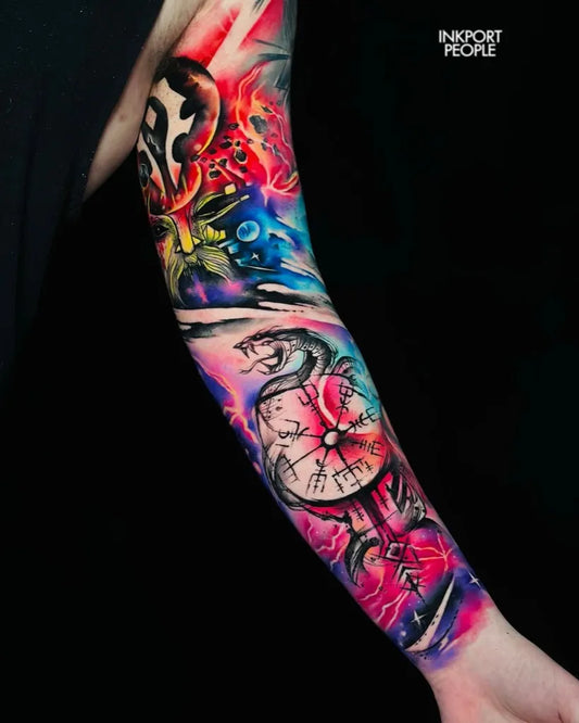 Big Watercolor Vegvisir Snake Compass Tattoo on Men Arm by @inkportpeople