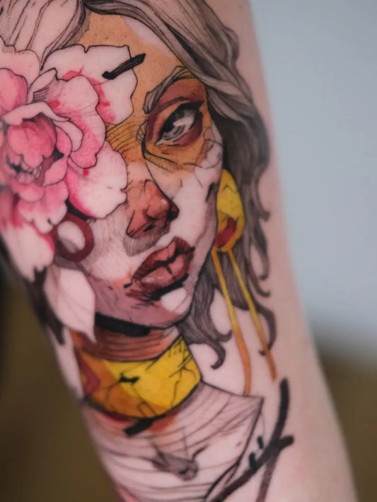 Big Watercolor Woman with Peony Flower and Earrings on Women Arm Tattoo by @taras.prystupa_tattoo