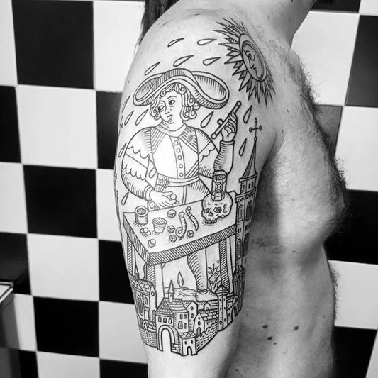 Big Woodcut Alchemist with Skull and Tower Tattoo on Men Shoulder by @minoluchena