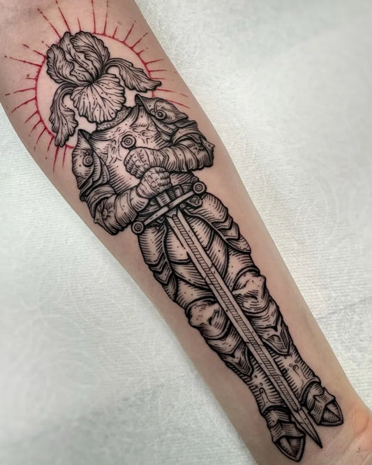 Big Woodcut Armored Warrior with Sword and Halo Tattoo on Men Arm by @engraverstattoos