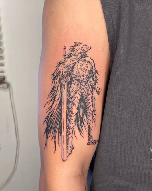 Big Woodcut Armored Wolf Warrior Tattoo on Men Arm by @5.5volt_tattoo