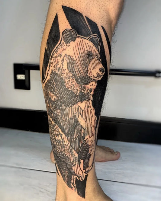 Big Woodcut Bear on Men Leg Tattoo by @alex_buchner