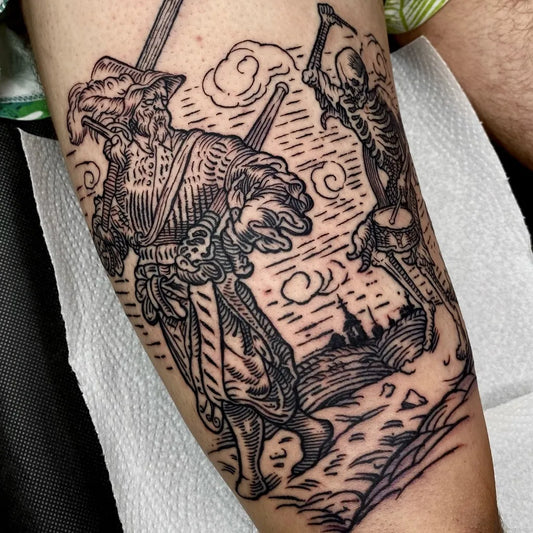 Big Woodcut Death and Skeleton Tattoo on Men Leg by @gothar_ink