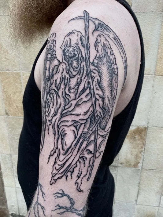 Big Woodcut Death with Scythe and Wings Tattoo on Men Upper Arm by @slowdeathtattoo_