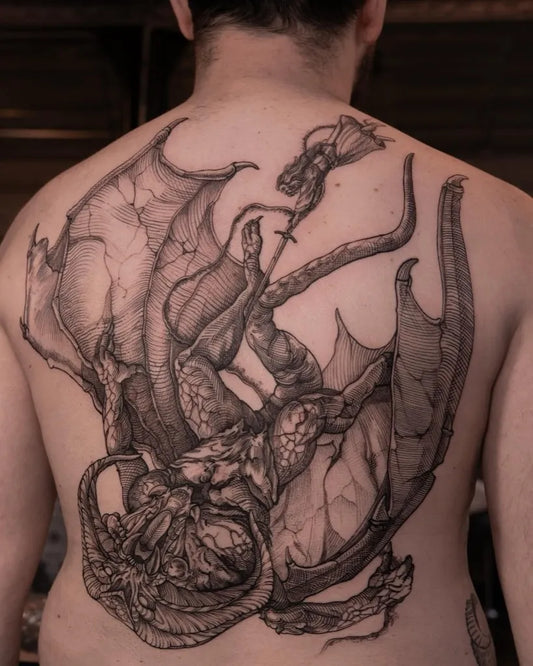 Big Woodcut Dragon Entwined with Cthulhu Tattoo on Men Back by @engraverstattoos