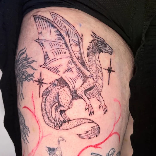 Big Woodcut Dragon Tattoo on Men Thigh by @florannan