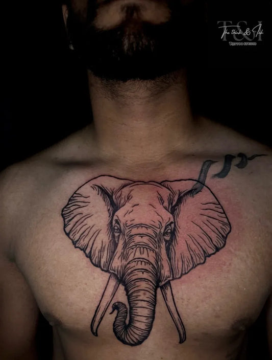 Big Woodcut Elephant Tattoo on Men Chest by @think_and_ink_tattoo