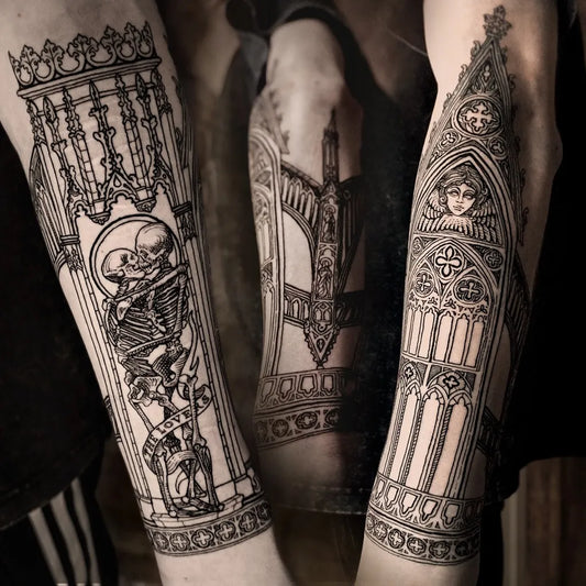 Big Woodcut Gothic Architecture Skeleton Figure Tattoo on Men Arm by @myriam_black_tattoo