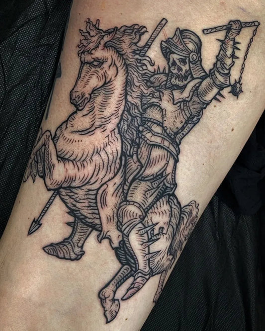 Big Woodcut Knight on Horseback Tattoo on Men Arm by @simonturnertattoo