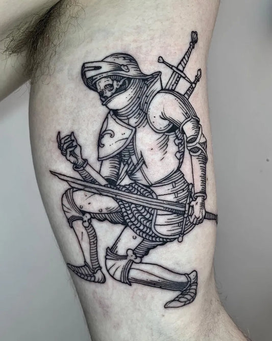 Big Woodcut Knight with Swords Tattoo on Men Arm by @guzmanelmalo