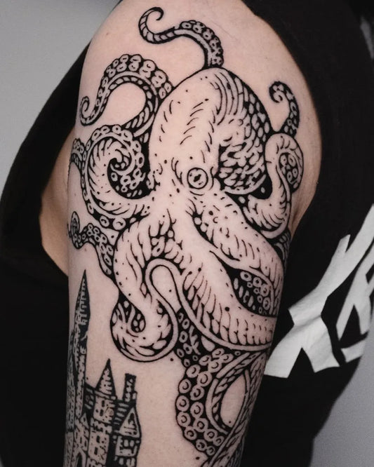 Big Woodcut Octopus Castle Tattoo on Men Arm by @ola.krupnik