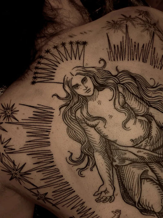Big Woodcut Radiant Female Figure Tattoo on Women Shoulder by @bethany.white.tattoo