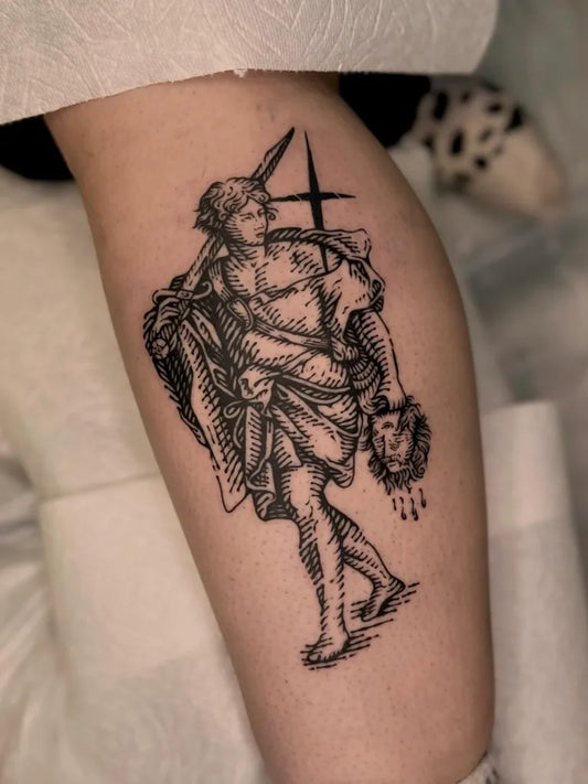 Big Woodcut Saint Denys Holding Sword And Head Tattoo on Men Leg by @wonny_wood
