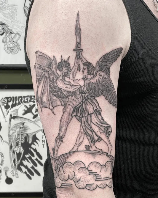 Big Woodcut SaintMichaelSlayingDragon Tattoo on Men Arm by @tubithetattooer