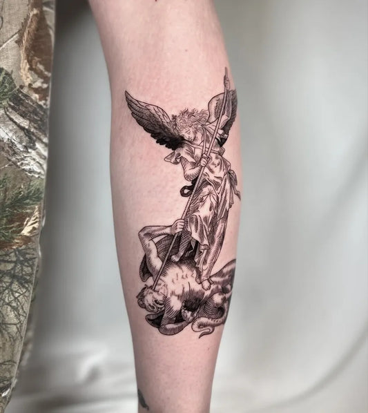 Big Woodcut St Michael Slaying Dragon Tattoo on Men Arm by @st.inkedme