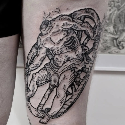 Big Woodcut Struggling Figure in Wheel Tattoo on Men Thigh by @joe__murphy__tattoo