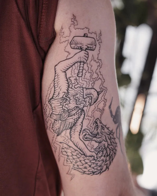 Big Woodcut Thor with Mjolnir and Fenrir Tattoo on Men Arm by @orianapavl