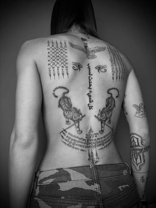 Big Yant Script Tigers Eagle on Women Back Tattoo by @steo_cats_tattoo