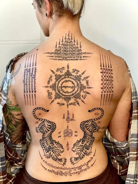Big Yant Tigers and Yantra on Women Back Tattoo by @guink.pl