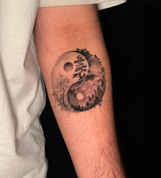 Chinese Painting Yin Yang with Trees and Mountains Tattoo on Men Arm by @pigmentedtattoos