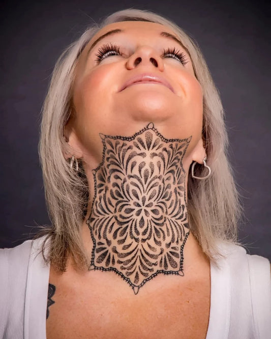 Dotwork Throat Tattoo on Women by @neckandthroat_tattoos