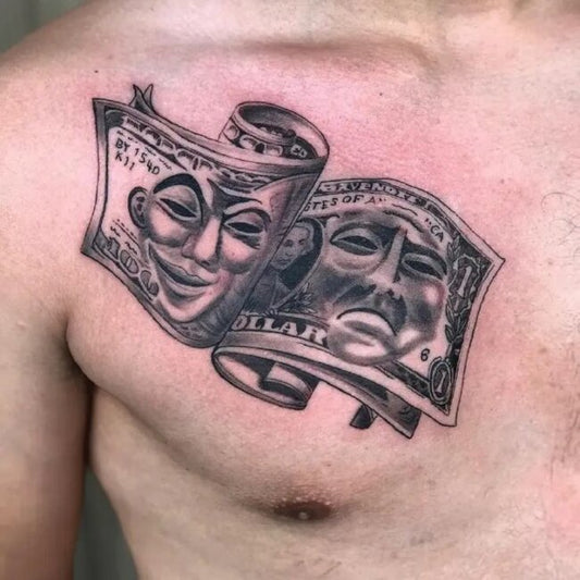 Drama Masks Money Tattoo on Men Chest