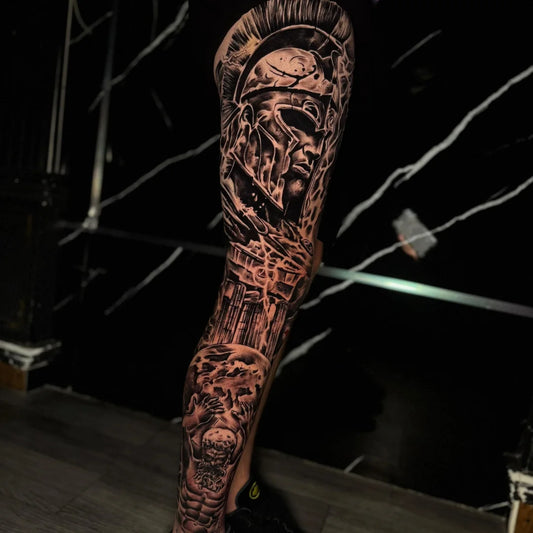 Greek Mythology Blackwork Tattoo on Men Leg by @agus_thegoatink_balitattooshop.webp