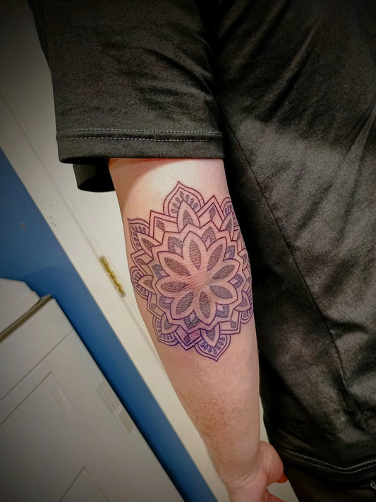 Mandala Elbow Tattoo by @garycuttertattoo