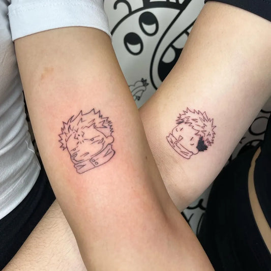 Matching Fine Line Jujutsu Kaisen Characters Tattoo on Women Bicep by @patayintattoo