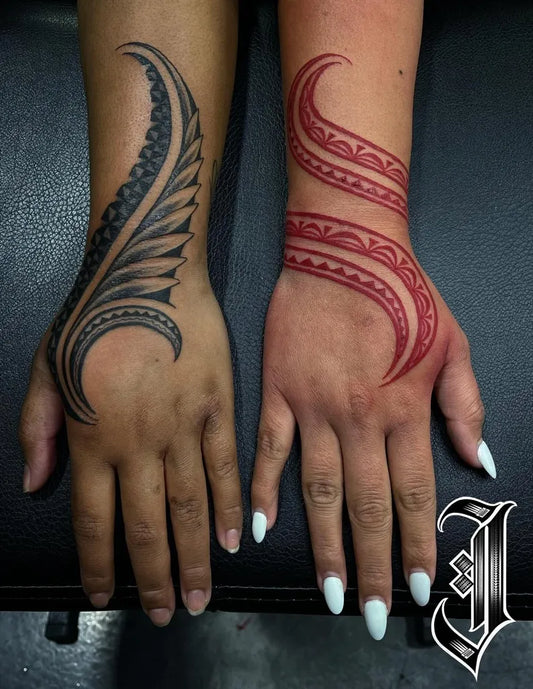 Matching Polynesian Koru and Wave Patterns Tattoo on Women Wrist by @jay.tattooz