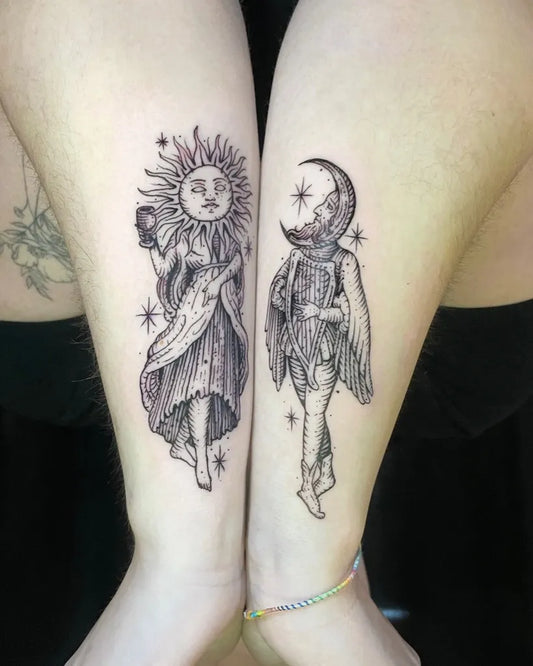 Matching Woodcut Sun Moon Figures Tattoo on Women Arms by @dettider_tattoo
