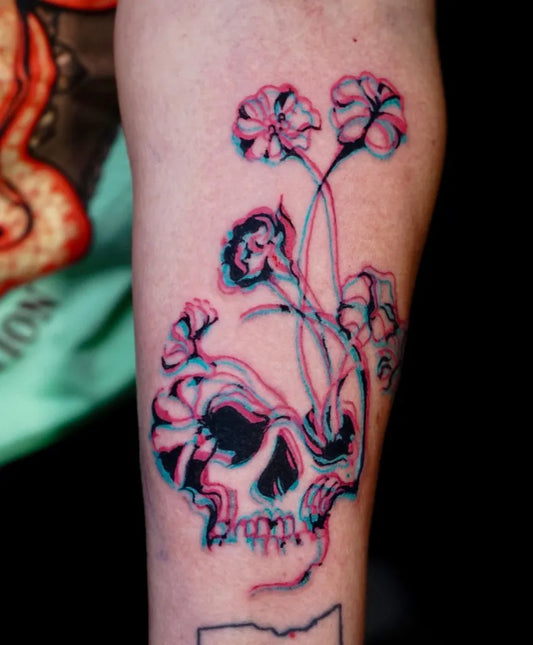 Medium 3D Skull and Flowers on Women Arm Tattoo by @nyahzul