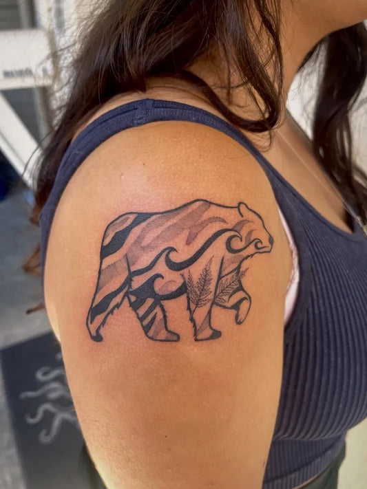 Medium Abstract Bear on Women Shoulder Tattoo by @kingtideink