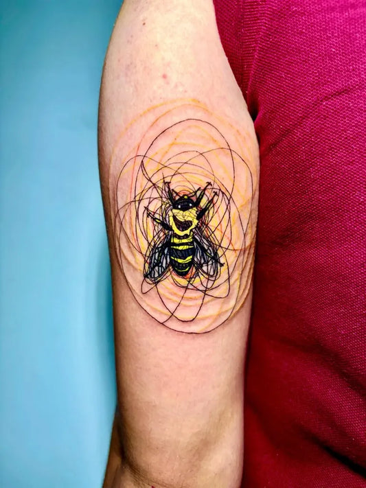 Medium Abstract Bee with Mandala on Women Arm Tattoo by @s.leeray