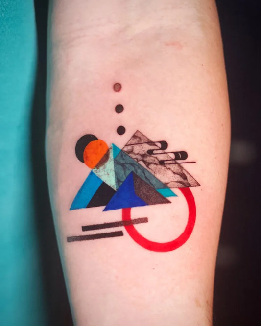 Medium Abstract Color Geometric Mountain Dots Tattoo on Men Arm by @honestbobtattoos