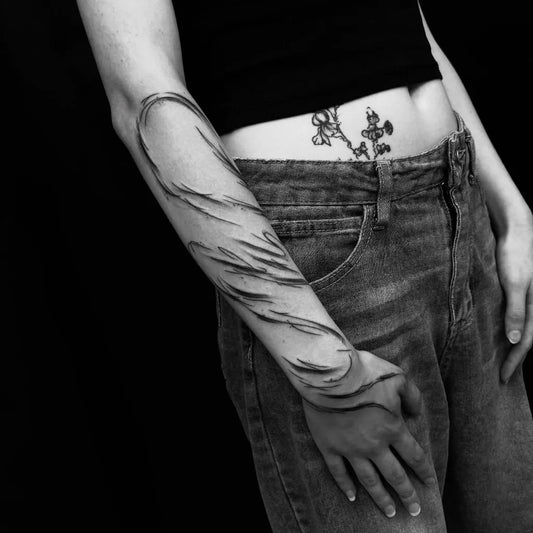 Medium Abstract Feather and Flowers Tattoo on Women Arm by @bufkaaa_udelej_tetovani