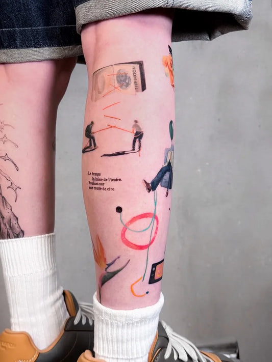 Medium Abstract Figures String Art Tattoo on Men Leg by @demiink__