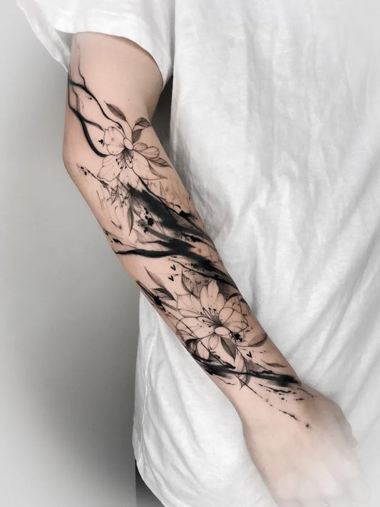 Medium Abstract Flowers and Branches Tattoo on Women Arm by @tezzre