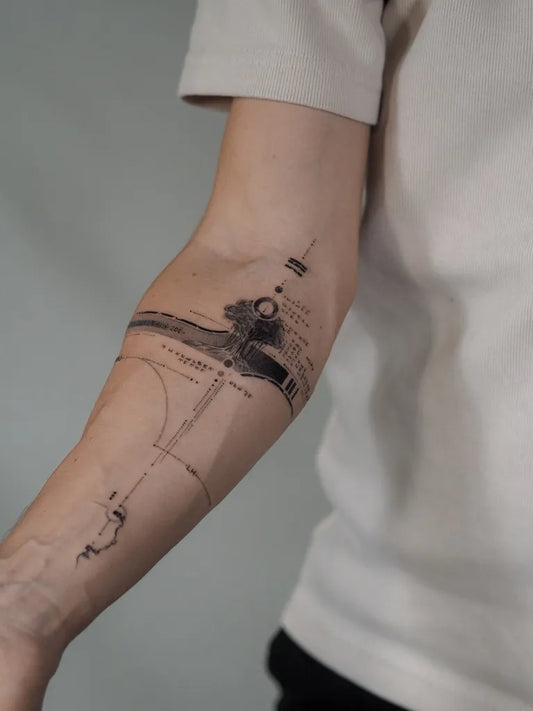 Medium Abstract GeometricLines Tattoo on Men Arm by @blocktattoo