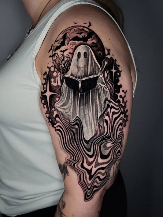 Medium Abstract Ghost with Book Tattoo on Women Shoulder by @marshology