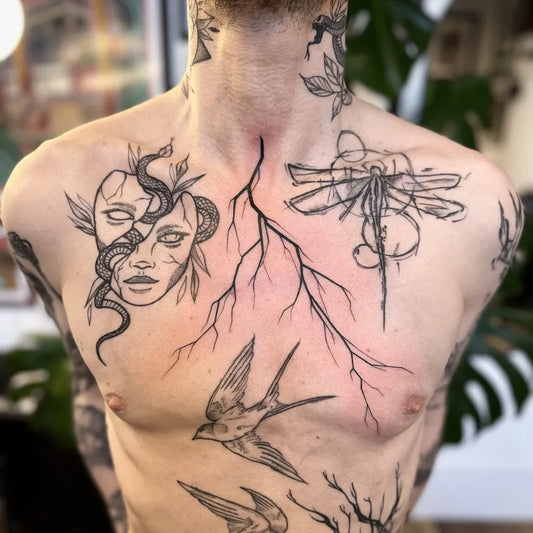 Medium Abstract Lightning Dragonfly Swallow Tattoo on Men Neck by @11____13